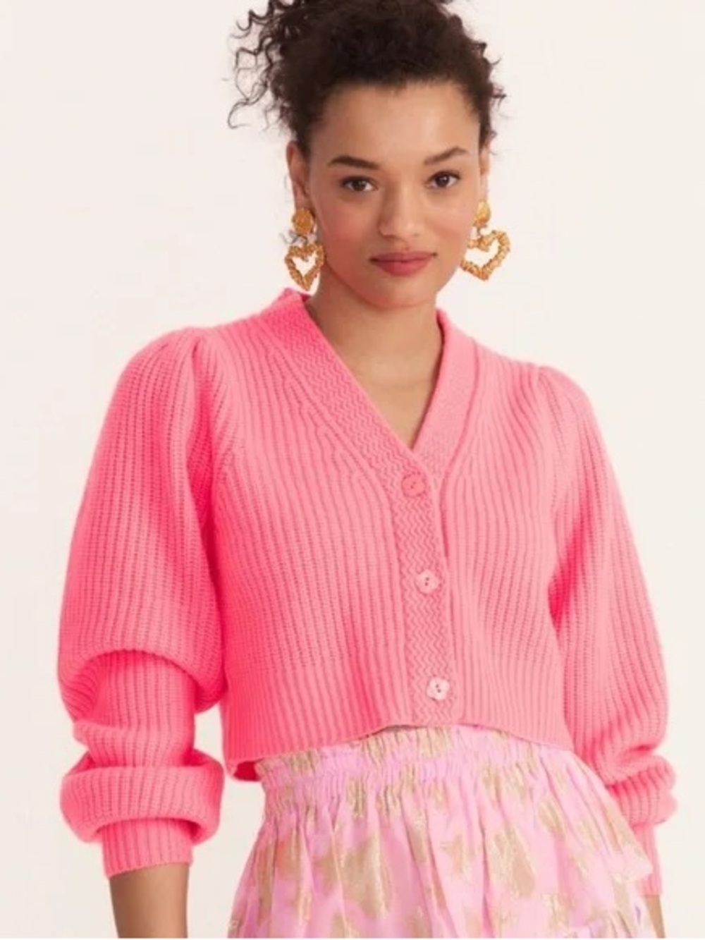 LoveShackFancy Pink Cropped Avignon Knit Cardigan Sweater